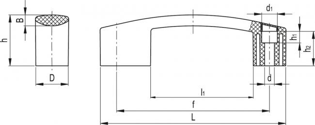 Uchwyt EBR.150-8-C1 - technopolimer czarny - rysunek techniczny
