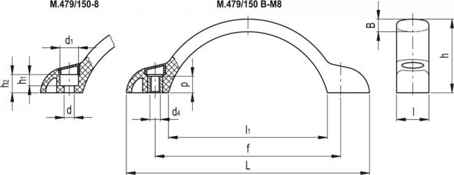 Uchwyt M.479/150 B-M8-C1 - technopolimer czarny - rysunek techniczny