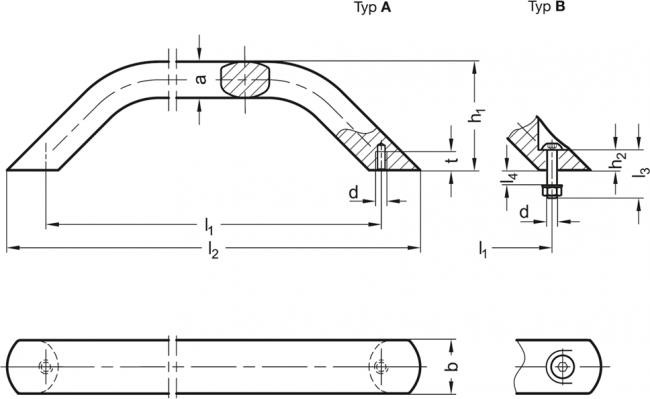 Uchwyt pałąkowy GN 428-AL-28-400-A-SR - aluminium szary - rysunek techniczny
