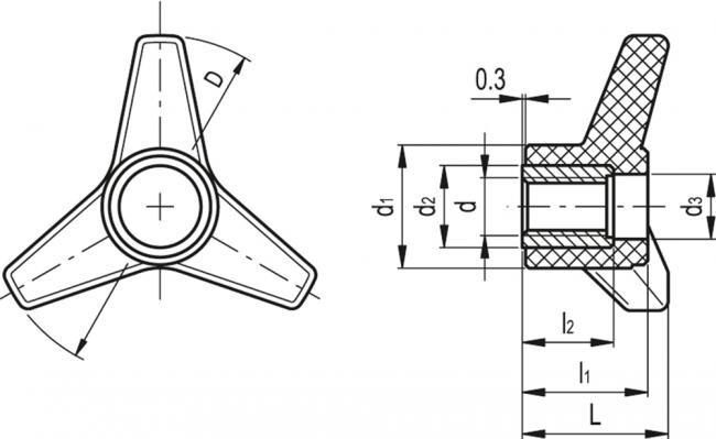 Pokrętło trójramienne VB.639/45 FP-M6 - wtopka mosiężna, otwór gwintowany, przelotowy - rysunek techniczny