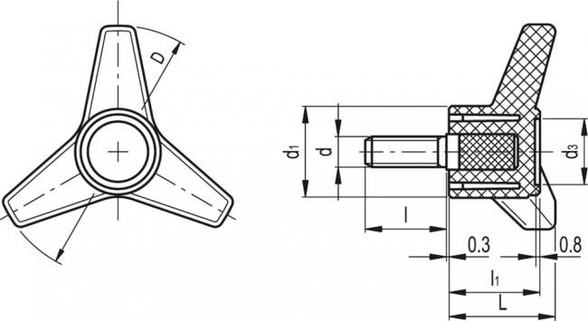 Pokrętło trójramienne VB.639/63 p-M8x25 - trzpień gwintowany ze stali ocynkowanej - rysunek techniczny