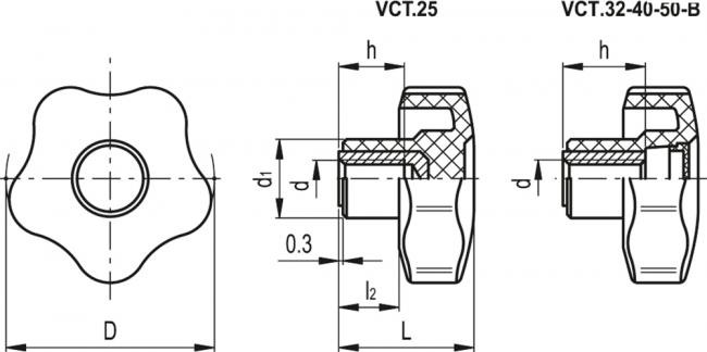 Pokrętło VCT.25 AE-V0 B-M5 - certyfikowany, samogasnący technopolimer - rysunek techniczny