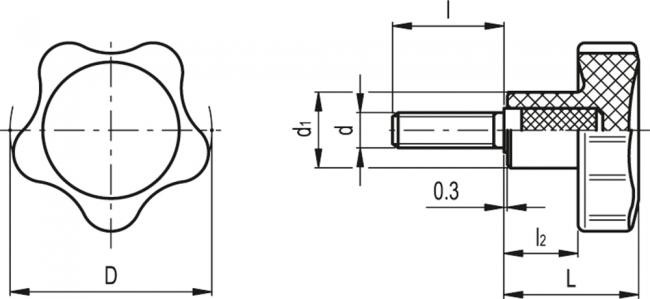 Pokrętło pełne VC.692/32 p-M6x16 - trzpień gwintowany ze stali ocynkowanej - rysunek techniczny