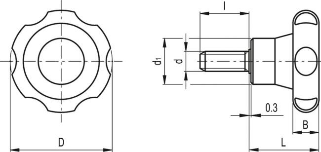 Pokrętło VL.155/50 p-M10x50 - trzpień gwintowany ze stali ocynkowanej - rysunek techniczny