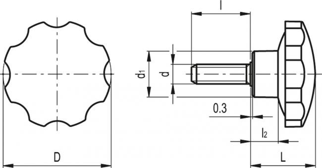 Pokrętło VH.153/54 p-M10x30 - trzpień gwintowany ze stali ocynkowanej - rysunek techniczny