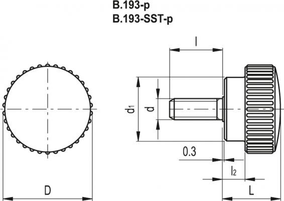 Pokrętło radełkowane B.193/30-SST-p-M8x40 - trzpień gwintowany ze stali nierdzewnej - rysunek techniczny