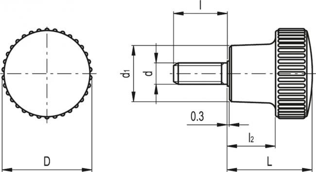 Pokrętło radełkowane B.259/20 p-M6x16 - trzpień gwintowany ze stali ocynkowanej - rysunek techniczny