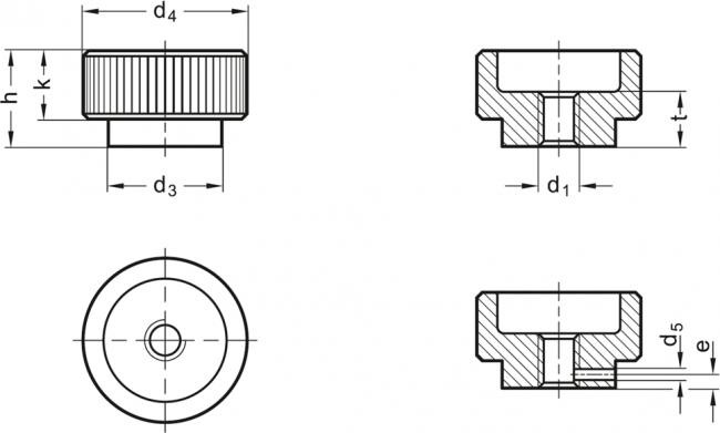 Nakrętka radełkowana DIN 6303-M6-A-NI - stal nierdzewna - rysunek techniczny