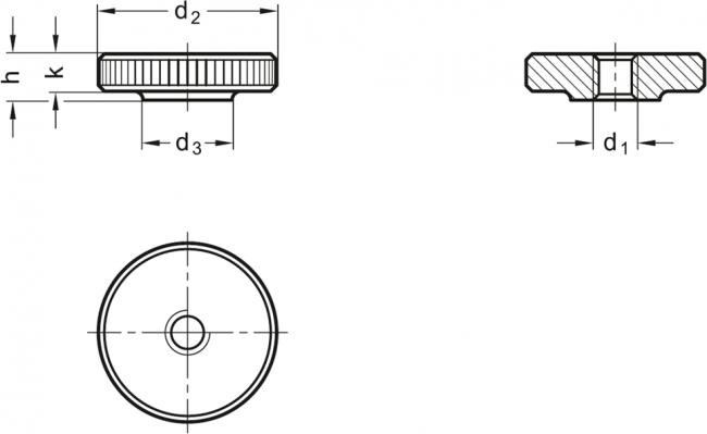 Nakrętka radełkowana płaskie DIN 467-M10-NI - stal nierdzewna - rysunek techniczny