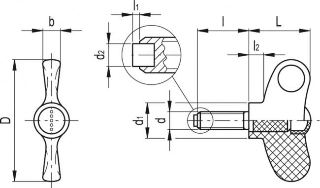 Nakrętka motylkowa EWN.48-SST-p-M6x30-PO-C1 - technopolimer, z poduszką dociskową czarny - rysunek techniczny