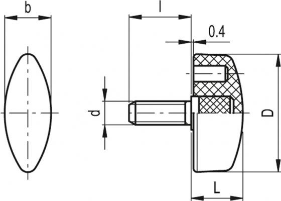 Nakrętka motylkowa CT.476/40 p-M6x16 - trzpień gwintowany ze stali ocynkowanej - rysunek techniczny
