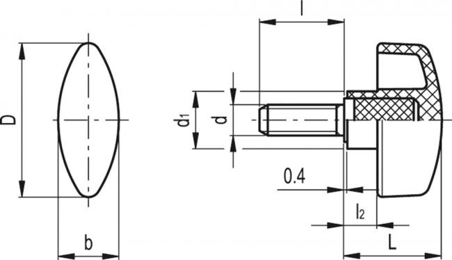 Nakrętka motylkowa CTL.476/40 p-M8x16 - trzpień gwintowany ze stali ocynkowanej - rysunek techniczny