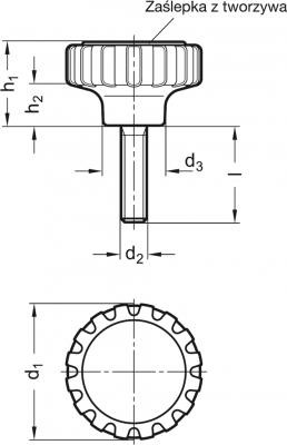 Nakrętka radełkowana/Śruba radełkowana GN 7336-53-M10x1-25-NI - z trzpieniem gwintowanym, stal nierdzewna - rysunek techniczny