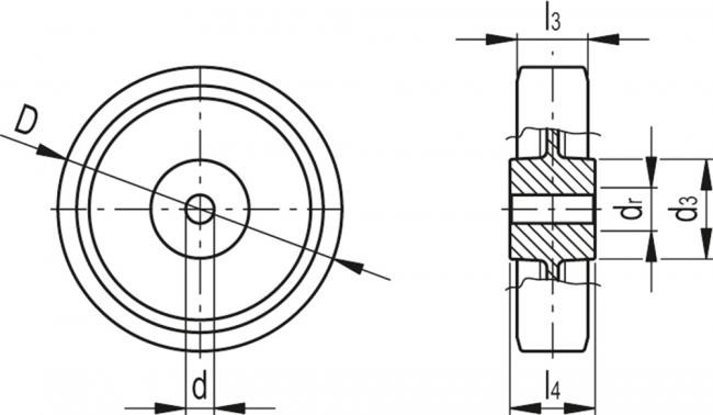 Kółko fi 100mm poliuretanowe, nośność 300 kg RE.F4-100-RBL - rysunek techniczny