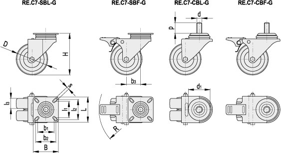 Zestawy dwukołowe z wulkanizowanym wieńcem gumowym do zastosowań ogólnych RE.C7-G - rysunek techniczny