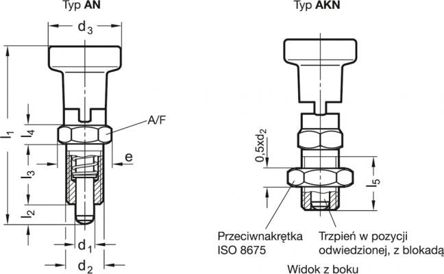 Trzpień ustalający GN 617.1-10-AKN-NI - gałka ze stali nierdzewnej - rysunek techniczny