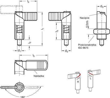 Trzpień ustalający ze stali nierdzewnej z dźwignią GN 721.6-10-M20x1,5-RAK - zakres obrotu dźwigni 180, z blokadą - rysunek techniczny