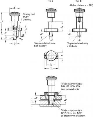 Trzpień ustalający GN 817.5-6-18-B - precyzyjne pozycjonowanie, trzpień z zakończeniem stożkowym - rysunek techniczny