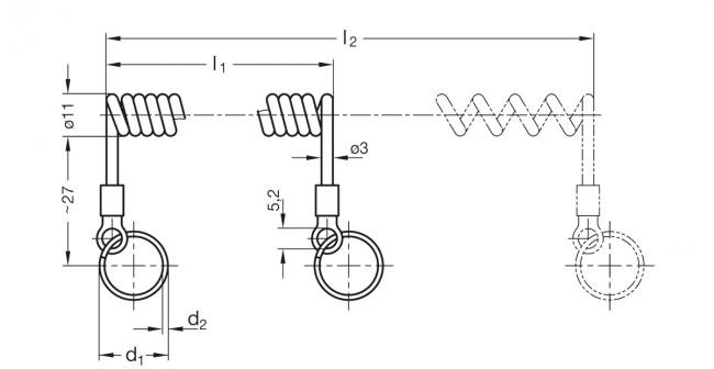 Linka zabezpieczająca spiralne GN 111.4-200-24 - z dwoma pierścieniami - rysunek techniczny
