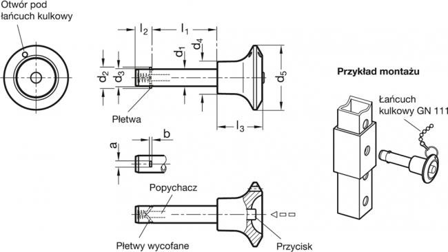 Trzpienie montażowe z blokadą GN 114.6 - rysunek techniczny