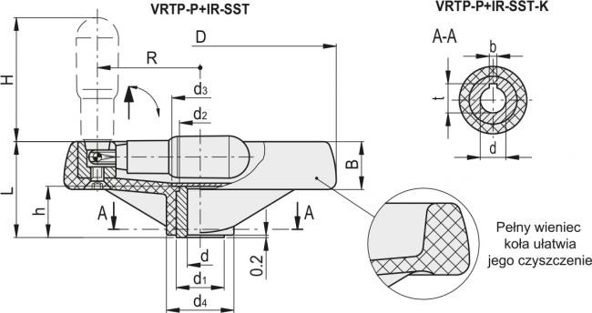 Koło ręczne dwuramienne z pełnym wieńcem VRTP.160-P+IR-SST-14-K - rękojeść obrotowa, składana - rysunek techniczny