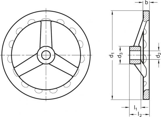 Koło ręczne ze stali nierdzewnej GN 949-125-B14-A - koło ręczne bez rękojeści - rysunek techniczny