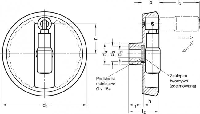 Koła ręczne pełne z rękojeścią obrotową składaną GN 923.3 - rysunek techniczny