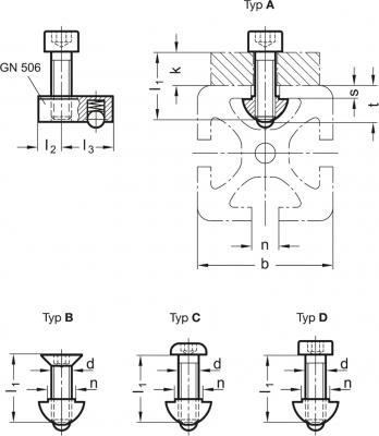 Zestaw montażowydo systemów profili 30 / 40 GN 965-8-M5-14-A - do rowków teowych o szerokości 6 / 8, z nakrętką teową gn 506 - rysunek techniczny