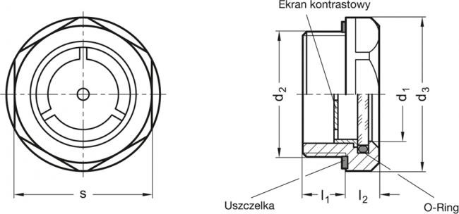 Wskaźnik poziomu cieczy GN 743.3-18-M27x1,5-A - mosiądz/szkło, odporność do 180c - rysunek techniczny