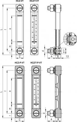 Kolumnowe wskaźniki poziomu ze śrubami montażowymi z SUPER-technopolimeru HCZ-VT - rysunek techniczny
