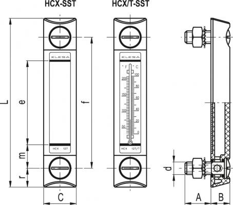 Wskaźnik poziomu cieczy HCX.254/T-SST-M12 - Śruby montażowe ze stali nierdzewnej, technopolimer - rysunek techniczny