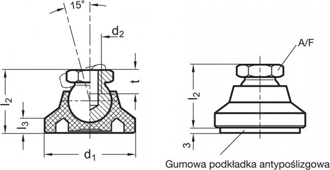 Stopa wahliwa GN 343.3-25-M8-G - podstawa z tworzywa, gwint wewnętrzny - rysunek techniczny