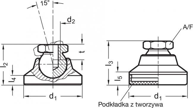 Stopa wahliwa ze stali nierdzewnej GN 343.5-32-M8-KS - gwint wewnętrzny - rysunek techniczny
