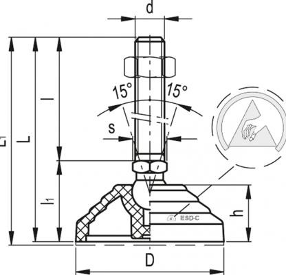 Stopa wahliwa LV.A-60-14-AS-M14X98-ESD-C - podstawa esd, trzpień stalowy, ocynkowany, gwintowany - rysunek techniczny