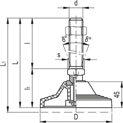 Stopa wahliwa LV.A-125-ACV-M20x186 - podstawa z technopolimeru, trzpień gwintowany, stalowy, ocynkowany - rysunek techniczny
