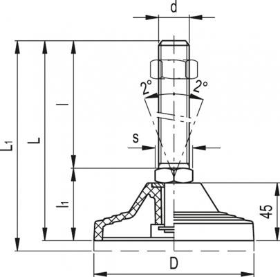 Stopa wahliwa LV.A-125-APS-M24x95 - podstawa z technopolimeru, trzpień gwintowany, stalowy, ocynkowany - rysunek techniczny