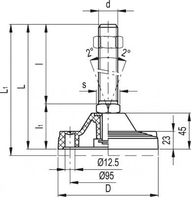 Stopa wahliwa z otworami do kotwienia LV.F-125-APS-M24x155 - podstawa z technopolimeru, trzpień gwintowany, stalowy, ocynkowany - rysunek techniczny