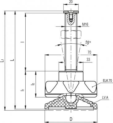 Stopa wahliwa LV.A-70-14-M16x78-ELK - podstawa oraz pokrętło z technopolimeru, trzpień gwintowany, stalowy - rysunek techniczny