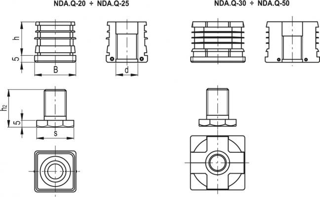 Wkładka do profili kwadratowych NDA.Q-40-M22x30 - z regulowaną stopką, technopolimer - rysunek techniczny