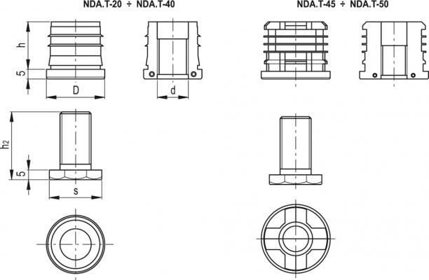 Wkładka do profili okrągłych NDA.T-20-M12x30 - z regulowaną stopką, technopolimer - rysunek techniczny