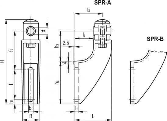 Wspornik uchwytu prowadnic bocznych SPR.12-B - do osiowego i kątowego pozycjonowania - rysunek techniczny