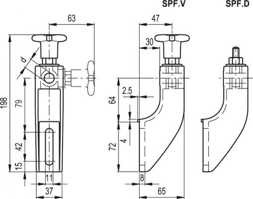 Wspornik uchwytu prowadnic bocznych SPF.V-12 - do osiowej regulacji, technopolimer - rysunek techniczny