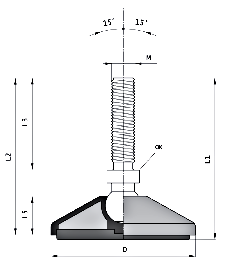 Stopa wahliwa D100 M16 L148 nierdzewna - rysunek techniczny