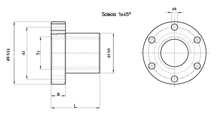 Nakrętka trapezowa brązowa z kołnierzem 18x4 Lewozwojna - rysunek techniczny