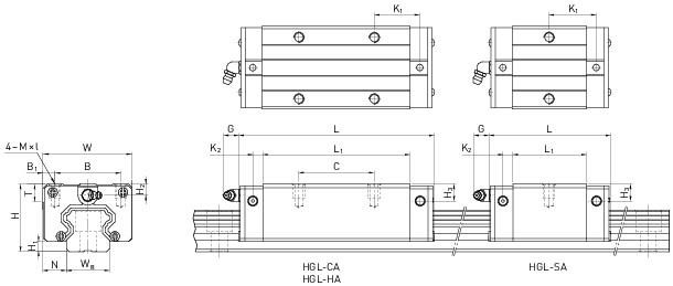 Wózek liniowy HIWIN HGL15CA-ZA - rysunek techniczny