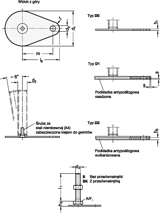 Stopa wahliwa ze stali nierdzewnej GN 45-50-M8-50-D3-S - regulacja przy podstawie poprzez sześciokątny chwyt, z przeciwnakrętką  - rysunek techniczny